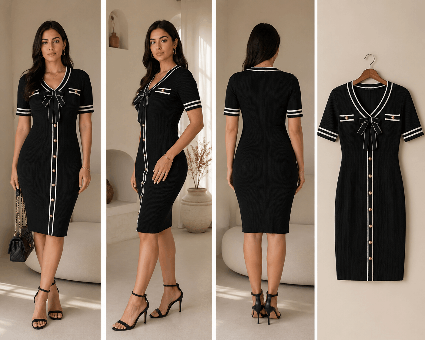 Noir Elegance Ribbed Dress Collage View
