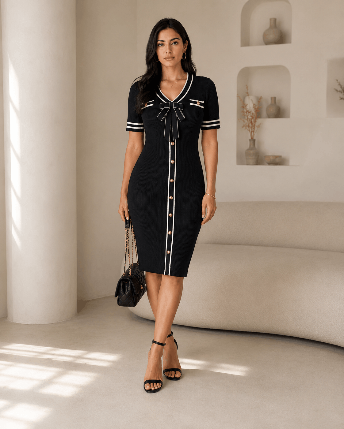 Noir Elegance Ribbed Dress