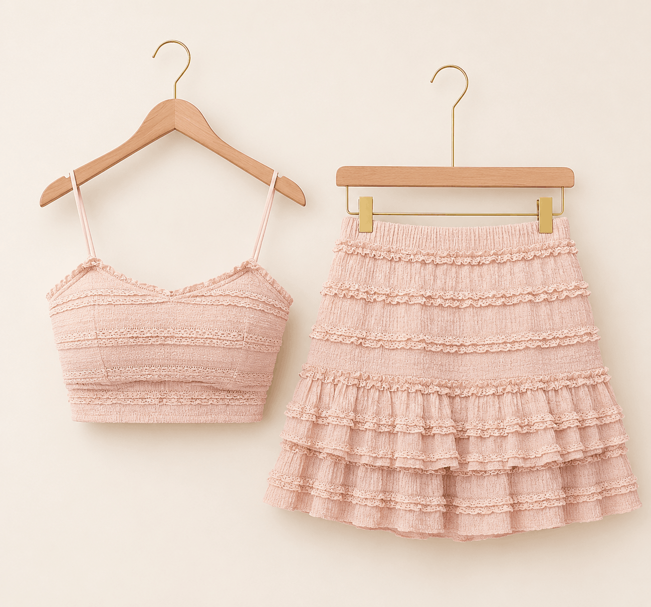 Blush Lace Crop Top & Ruffle Mini Skirt Co-ord Set Hanger Shot